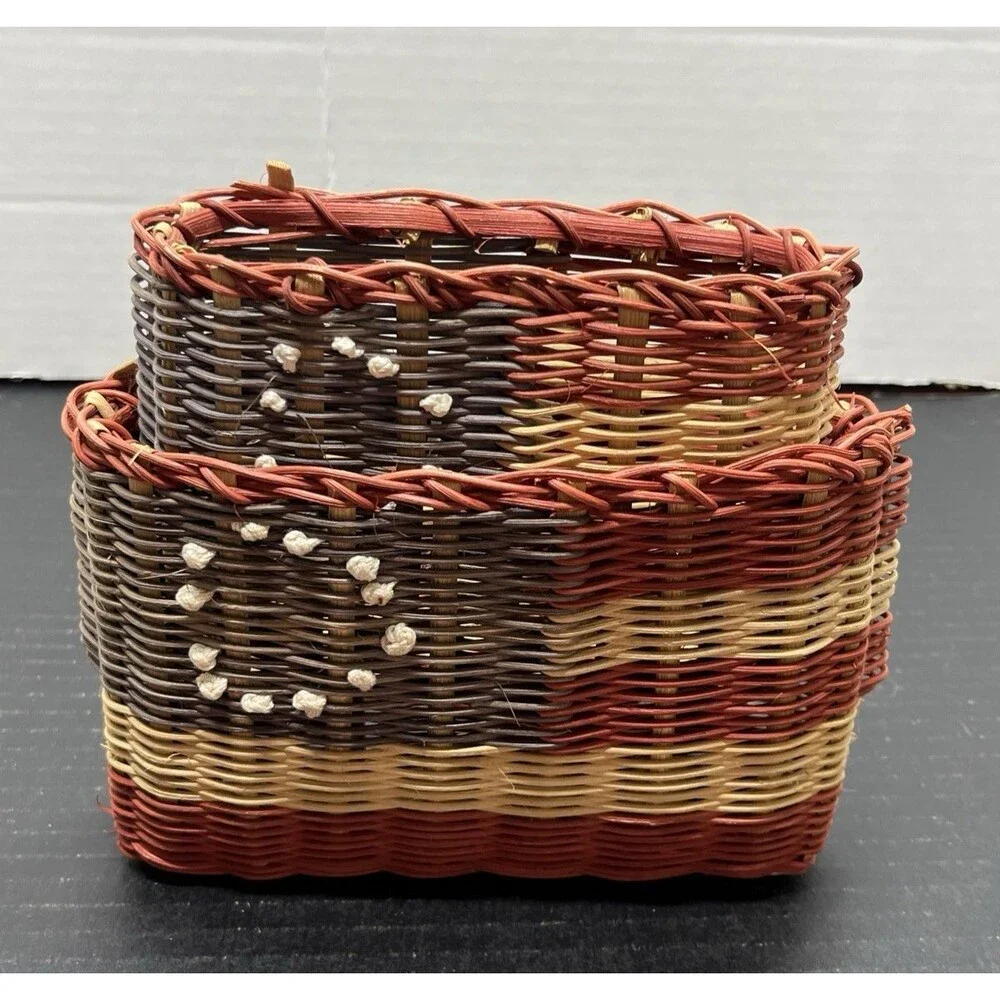 Vtg Patriotic Americana Woven Nesting Basket USA Flag Rustic Country Home Decor